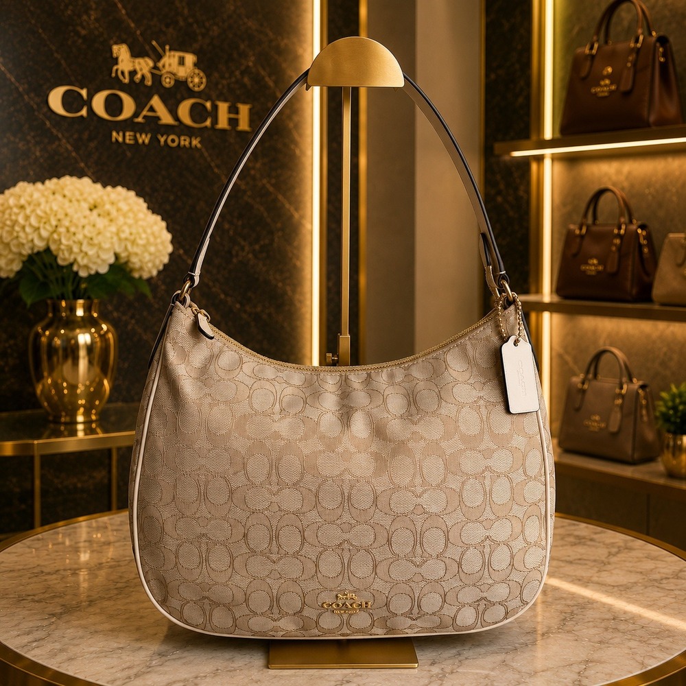 Coach Signature Jacquard Hobo Shoulder Bag Canvas Khaki Chalk F29959